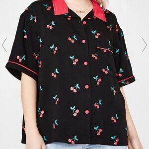 Lazy Oaf Cherry Print Bowling Shirt L Black Red Short Sleeve Button Down Relaxed